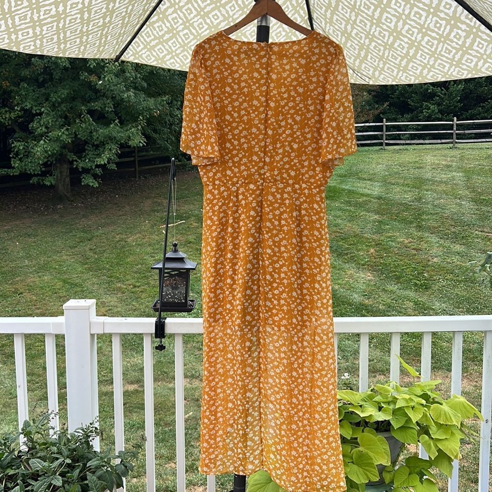 Lulus Women’s XL mustard yellow floral midi flowing dress NWOT boho prairie core - Picture 9 of 16
